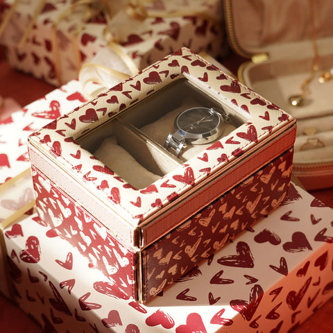 Red & Ivory Printed 2 Compartment Faux Leather Watch Box