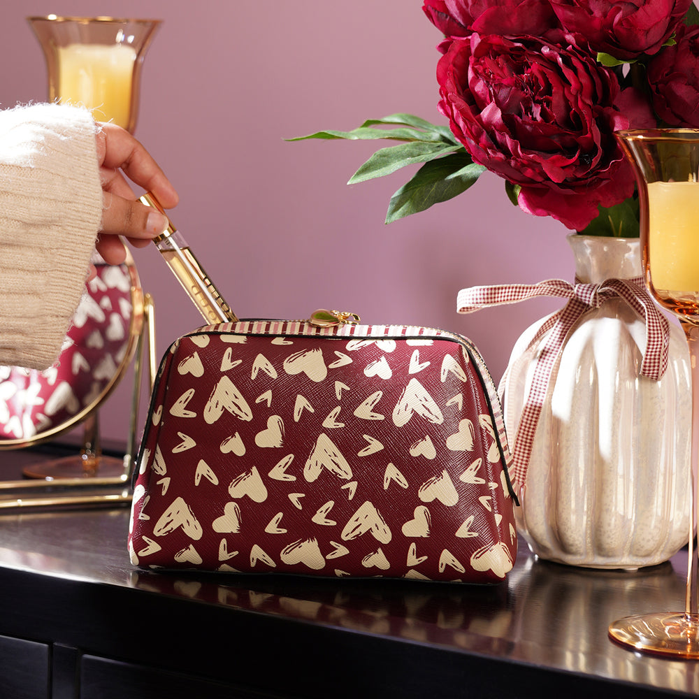 Deep Red & Ivory Printed Faux Leather Vanity Pouch - Small