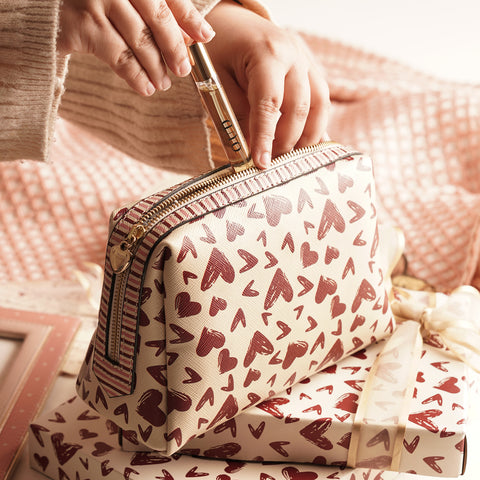 Ivory & Deep Red Printed Faux Leather Vanity Pouch - Small