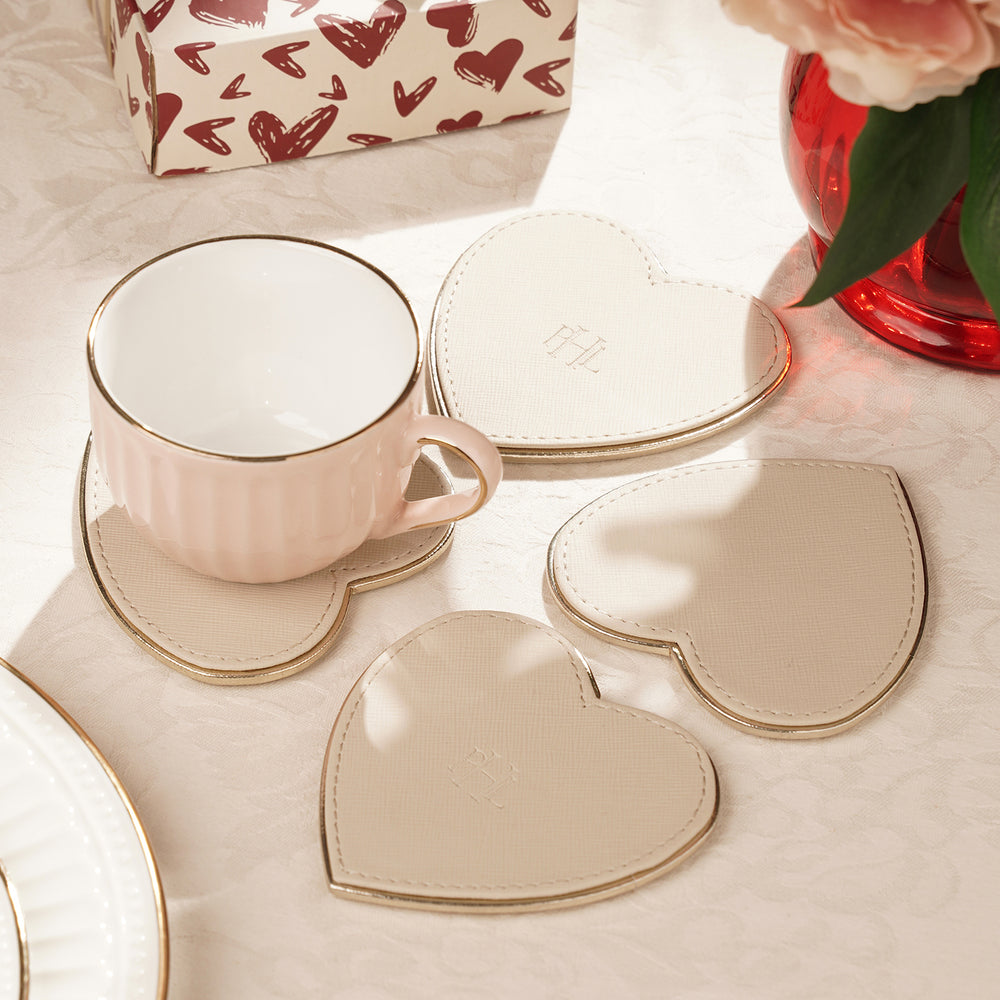 Set of 4 Ivory Faux Leather Heart Shaped Coasters