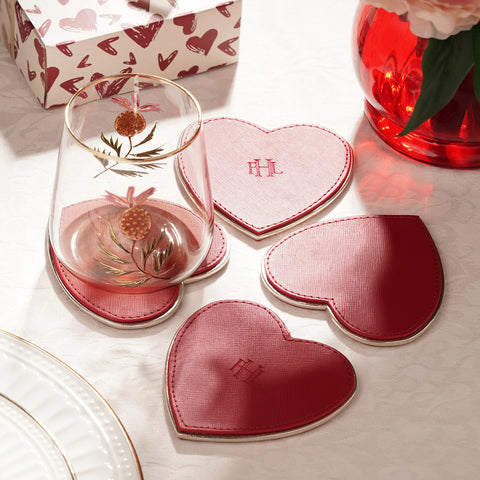 Set of 4 Red Faux Leather Heart Shaped Coasters