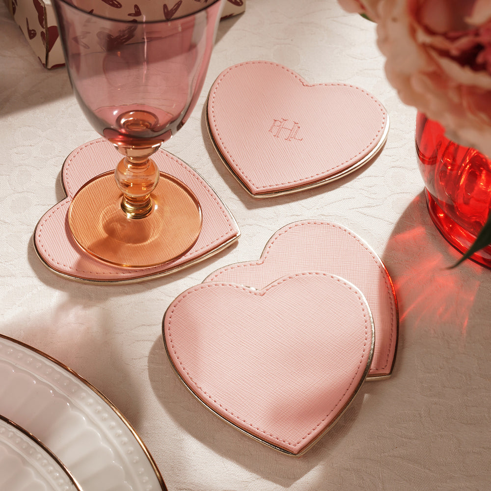 Set of 4 Pink Faux Leather Heart Shaped Coasters