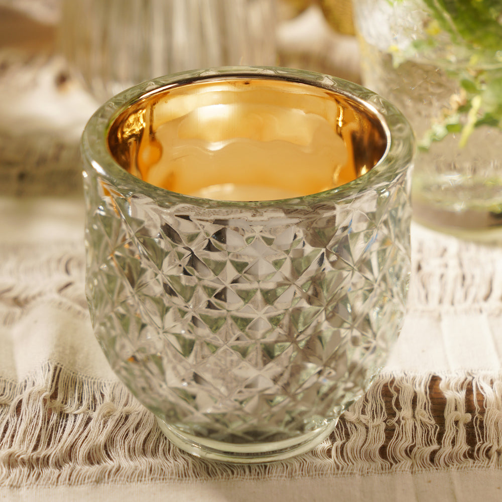 Silver Diamond Textured Tealight Holder - Large