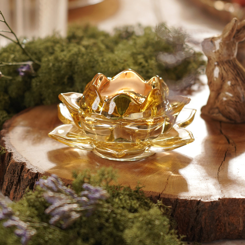 Light Amber Lotus Shaped Glass Tealight Holder