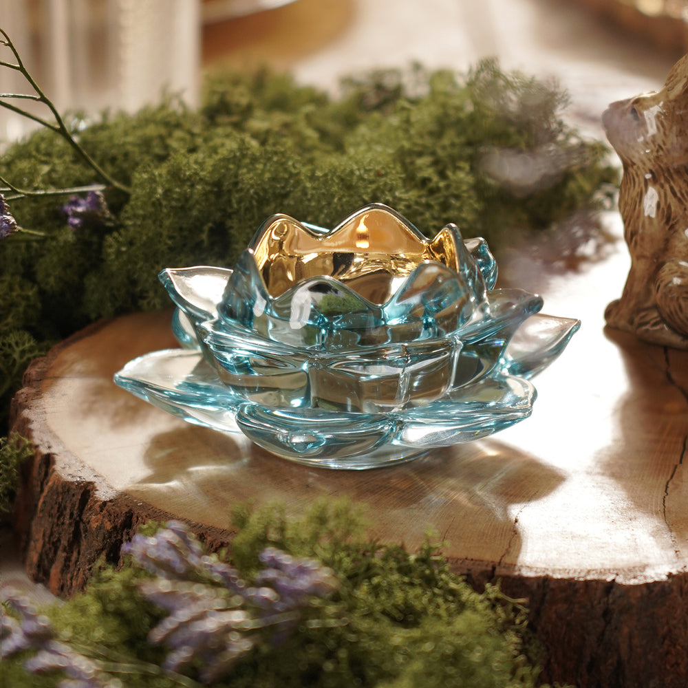 Light Blue Lotus Shaped Glass Tealight Holder