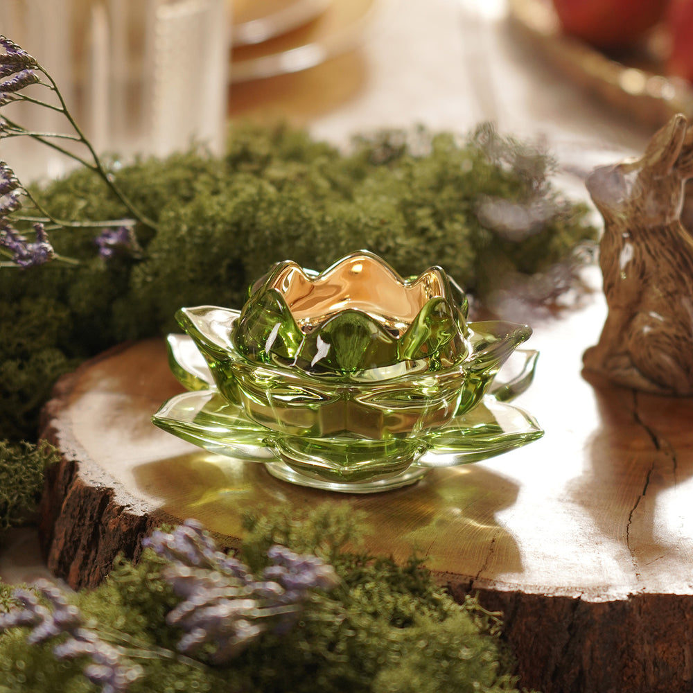 Green Lotus Shaped Glass Tealight Holder
