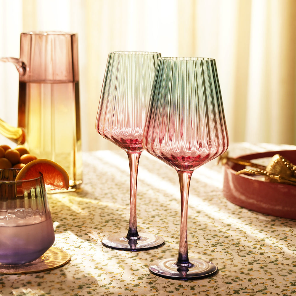 Set of 2 Pink Three Tone Ribbed Wine Glasses