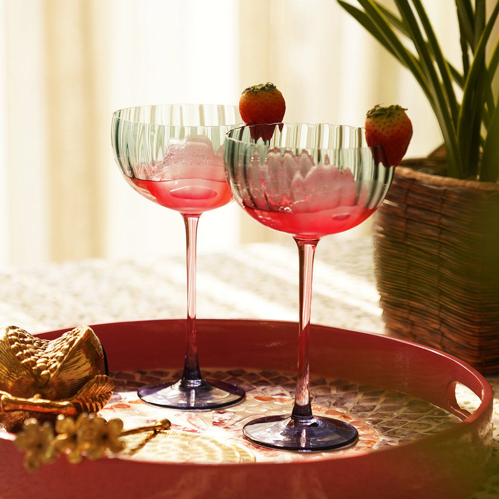 Set of 2 Pink Three Tone Ribbed Champagne Saucer