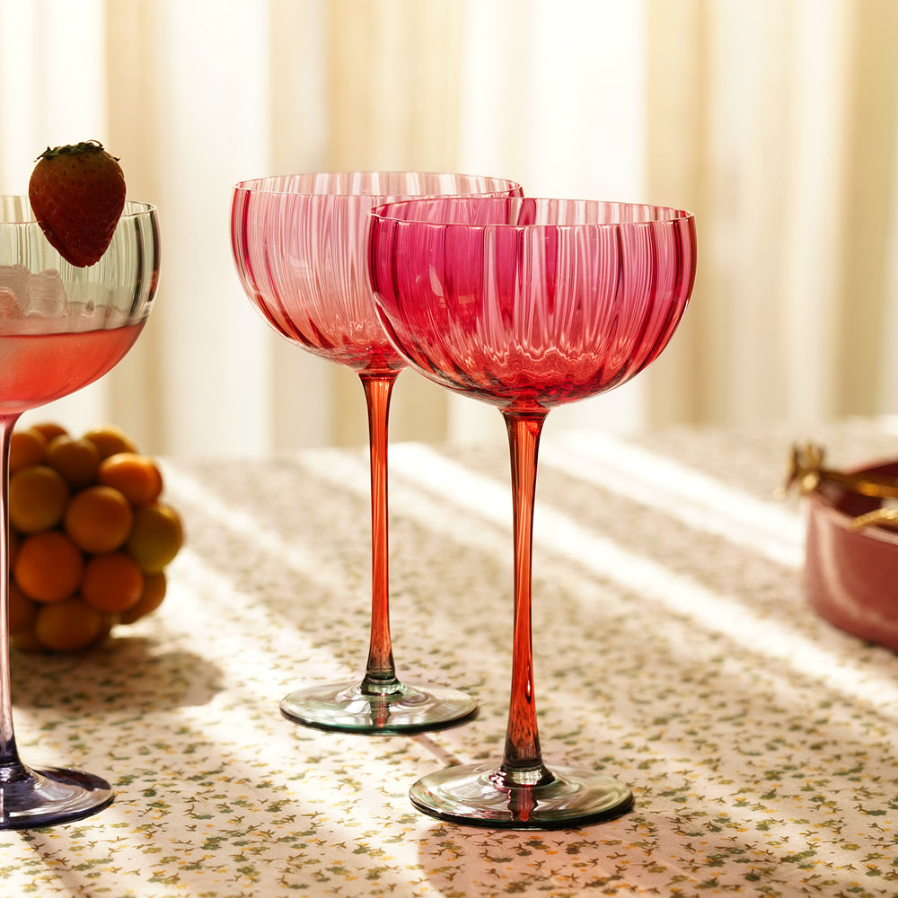Set of 2 Pink Three Tone Ribbed Champagne Coupes