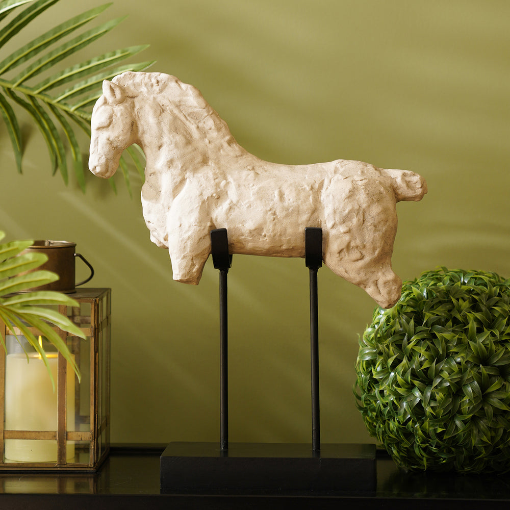 Beige Terracotta Horse Sculpture with Stand