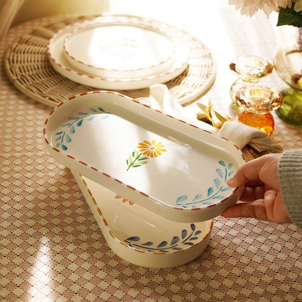 Blue & White Hand Painted with Detailed Rim Oval Platter - Small