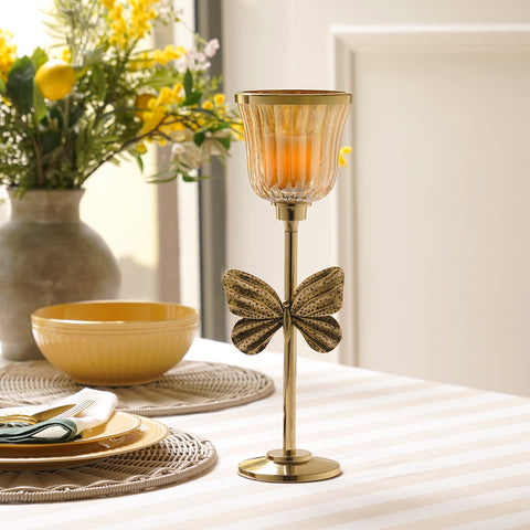 Gold & Glass Butterfly Inspired Candle Holder - Large