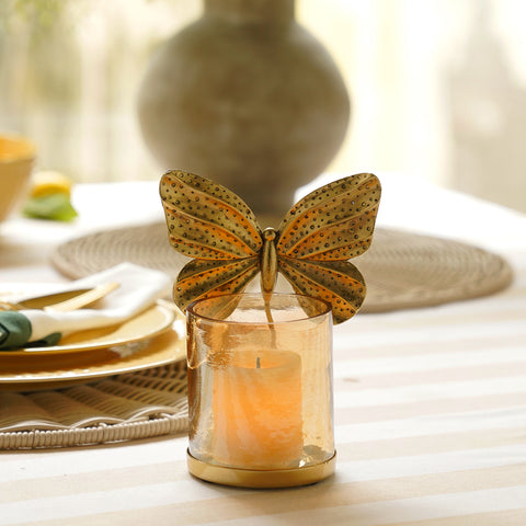 Gold & Glass Butterfly Ribbed Votive Holder