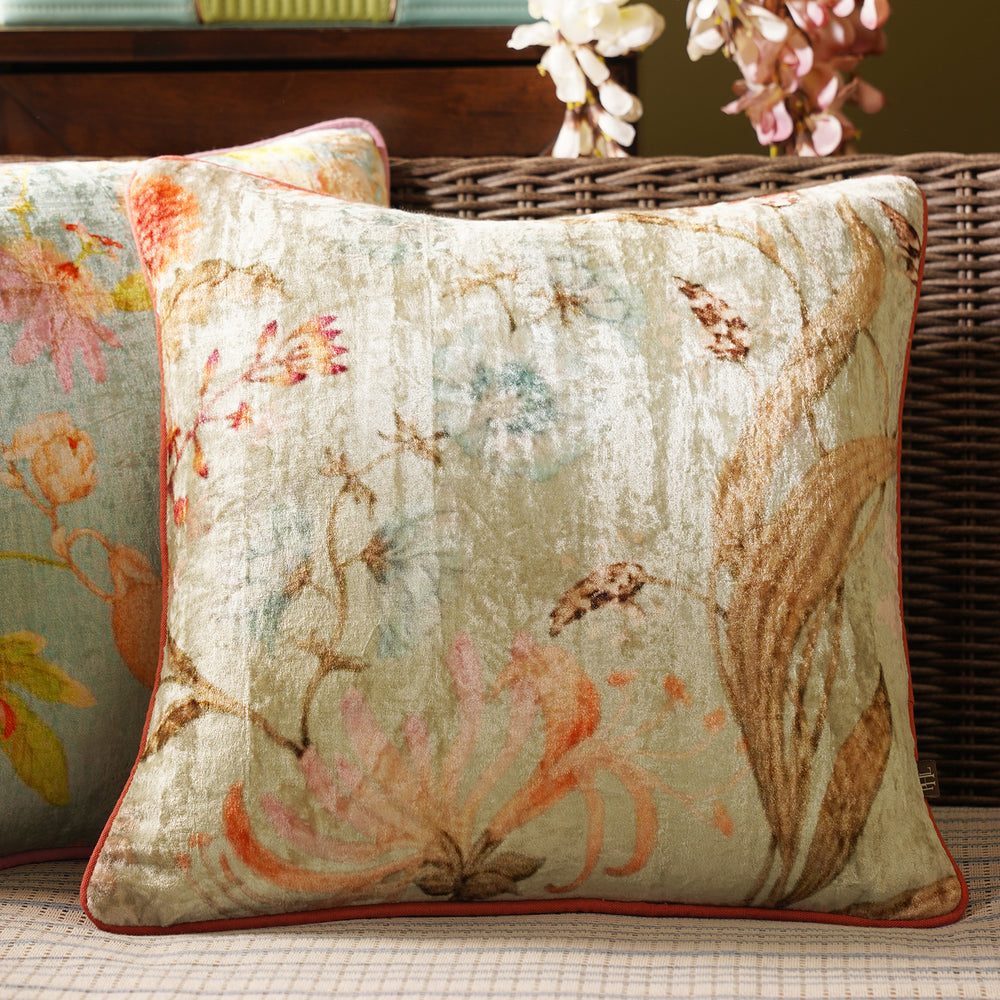 Ivory Printed Velvet Square Cushion Cover