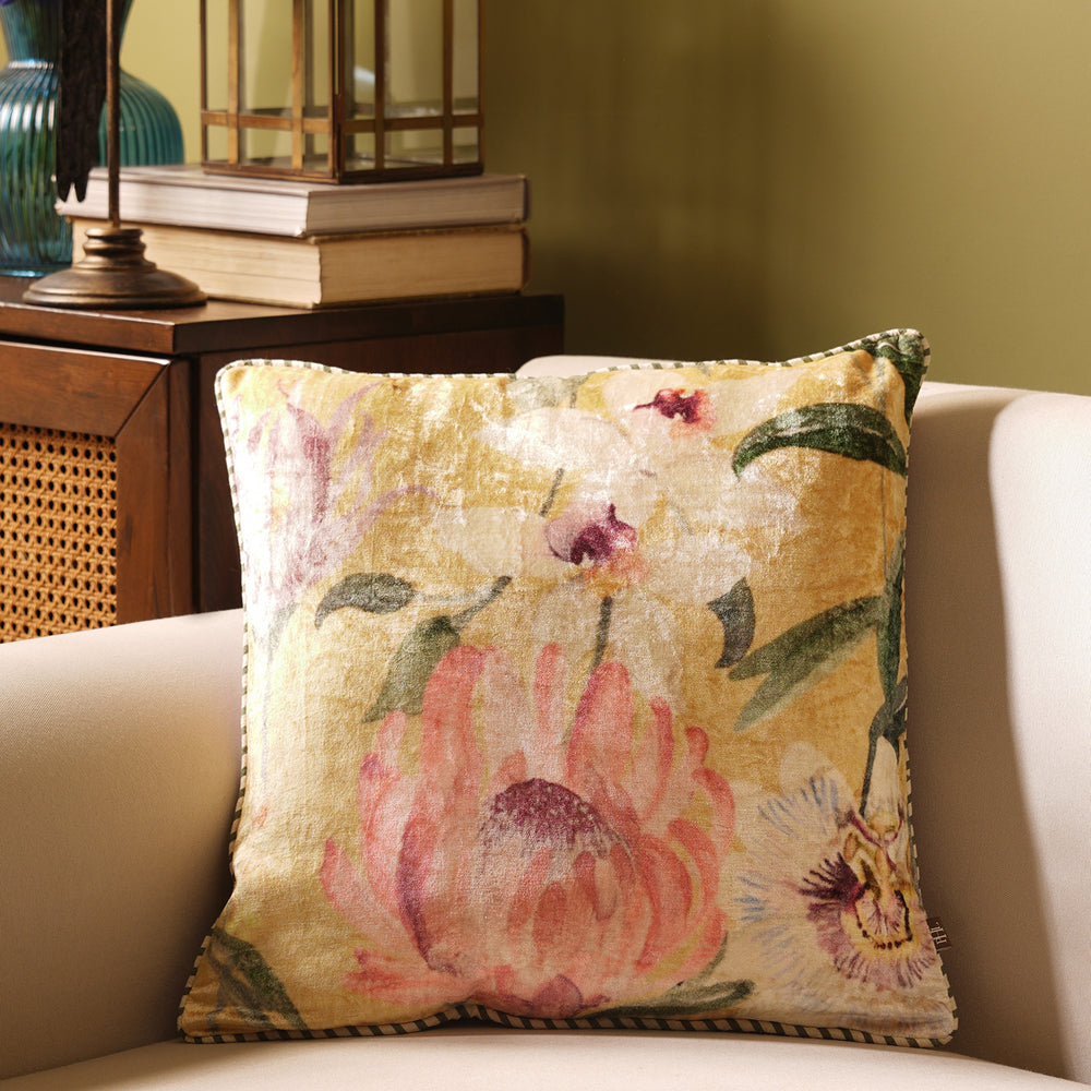 Yellow Printed Velvet Square Cushion Cover