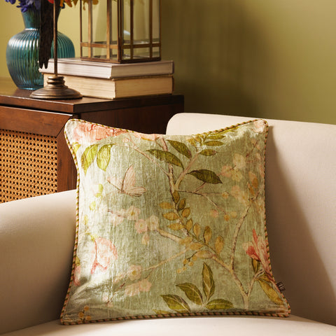 Green Floral Printed Velvet Square Cushion Cover