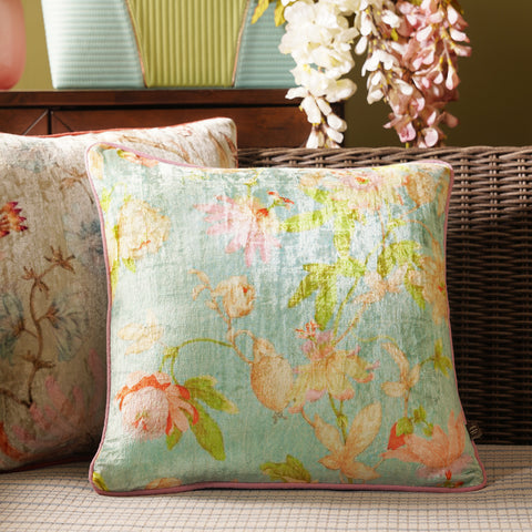Blue Floral Printed Velvet Square Cushion Cover - Main Image