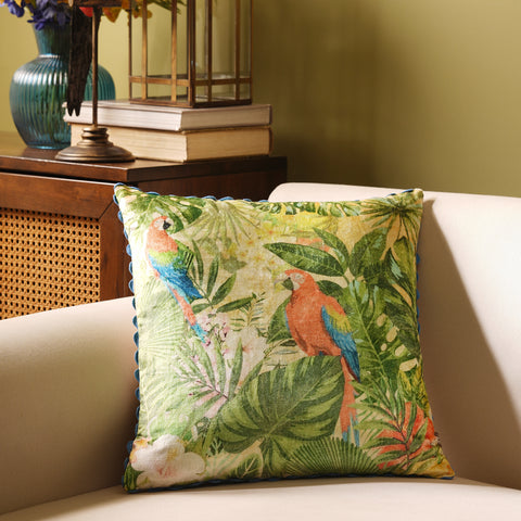 Green and Yellow Printed Velvet Square Cushion Cover