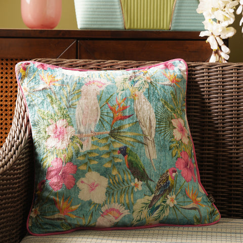 Blue and Pink Printed Velvet Square Cushion Cover