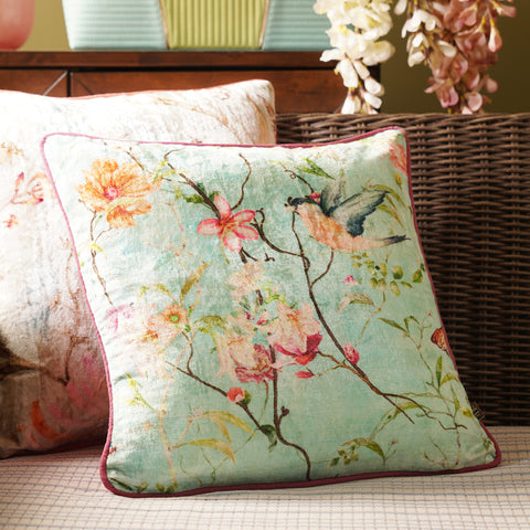Blue Printed Velvet Square Cushion Cover