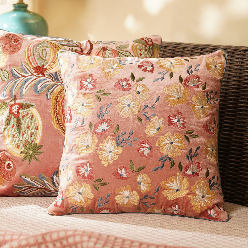 Light Pink Floral Threadwork Square Cushion Cover