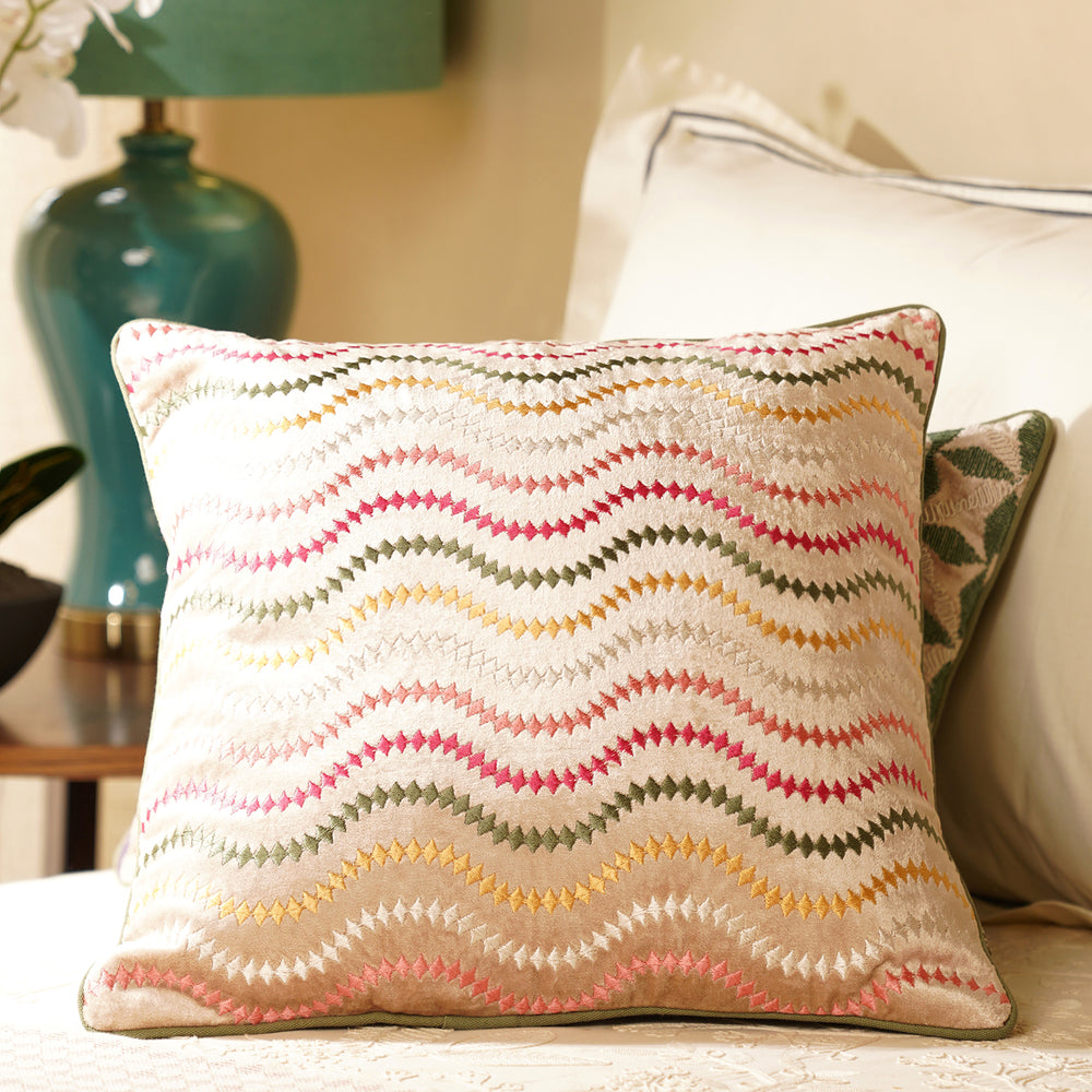 Beige & Green Floral Threadwork Square Cushion Cover
