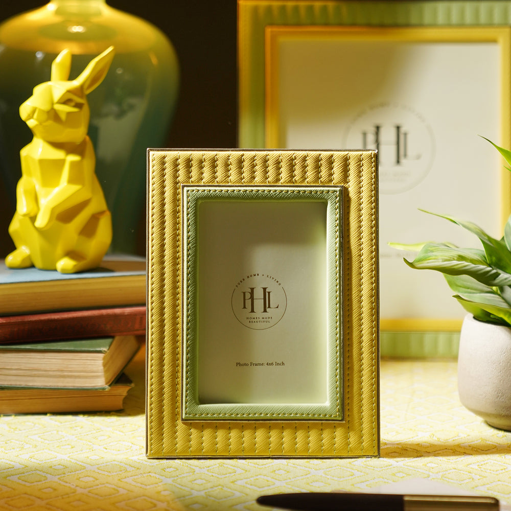 Yellow & Green Stitched Faux Leather Photo Frame - Small
