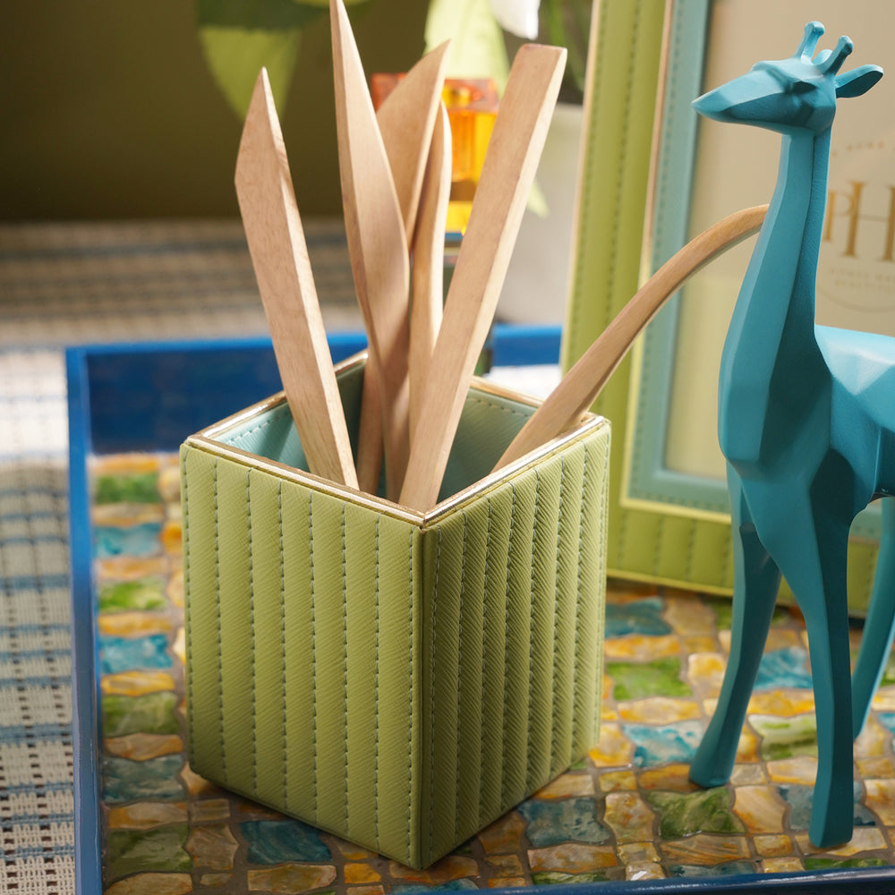 Blue & Green Stitched Faux Leather Pen Holder