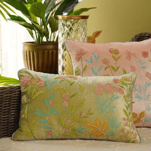 Green Multi Coloured Embroidered Rectangle Velvet Cushion