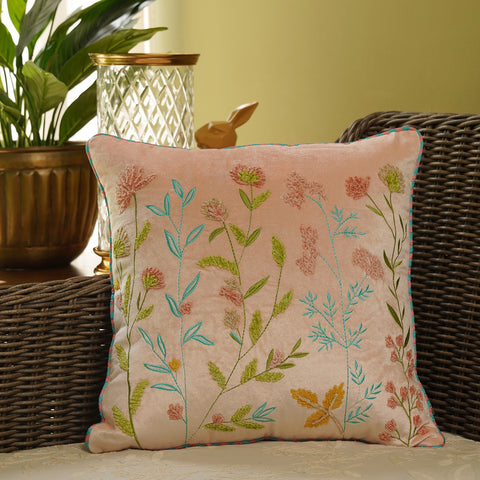 Peach Multi Coloured Thread Embroidered Sqaure Velvet Cushion