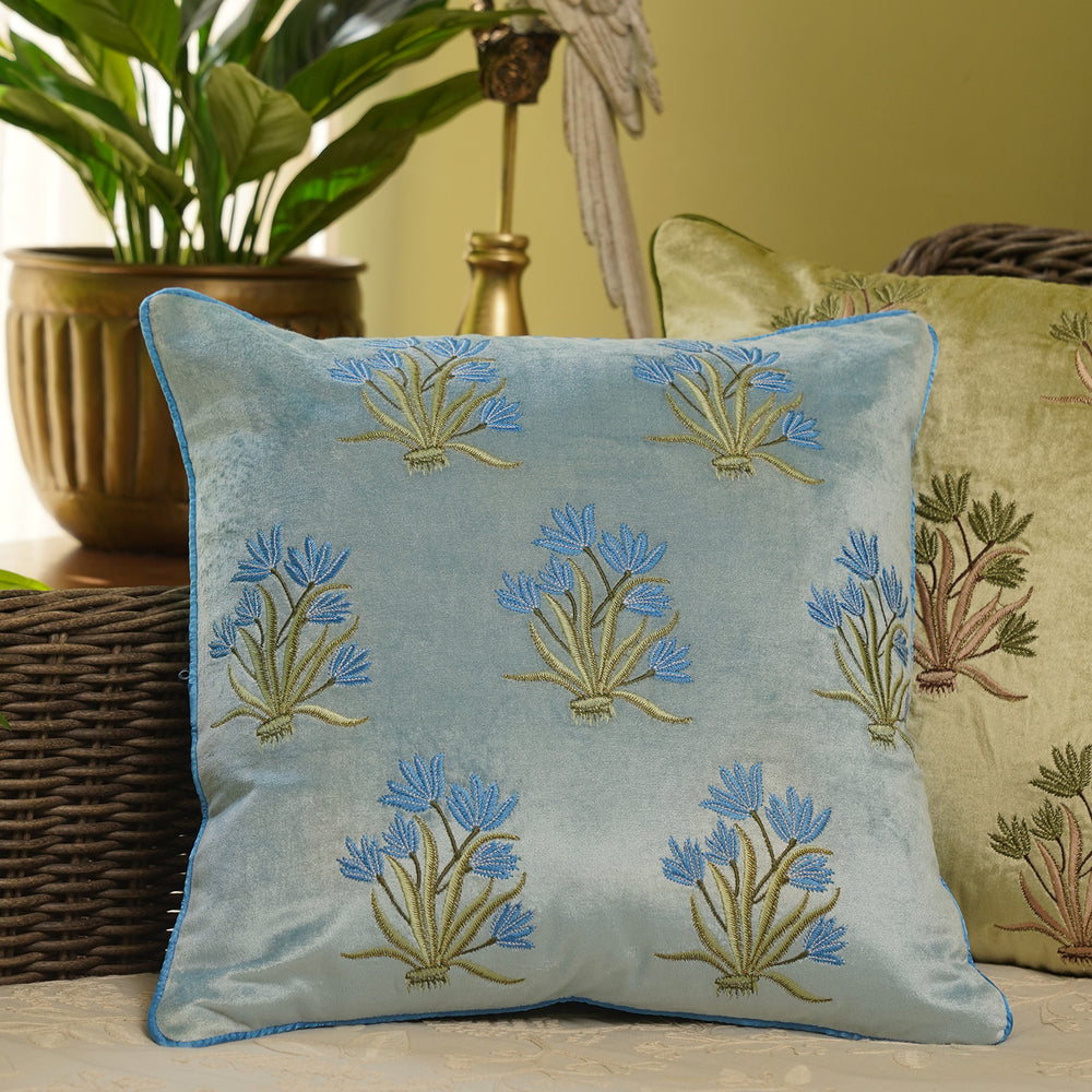 Blue Thread Embroidered Square Velvet Cushion