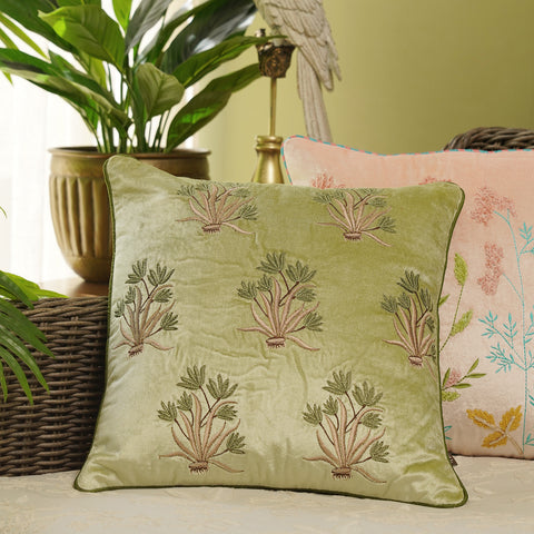 Green Thread Embroidered Square  Velvet Cushion