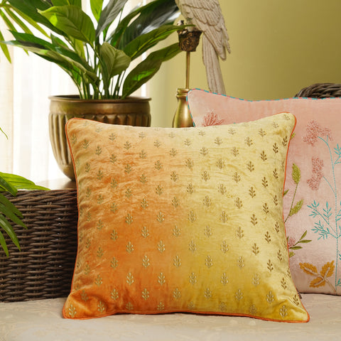 Yellow & Orange Tie Dye Embroidered Square Velvet Cushion