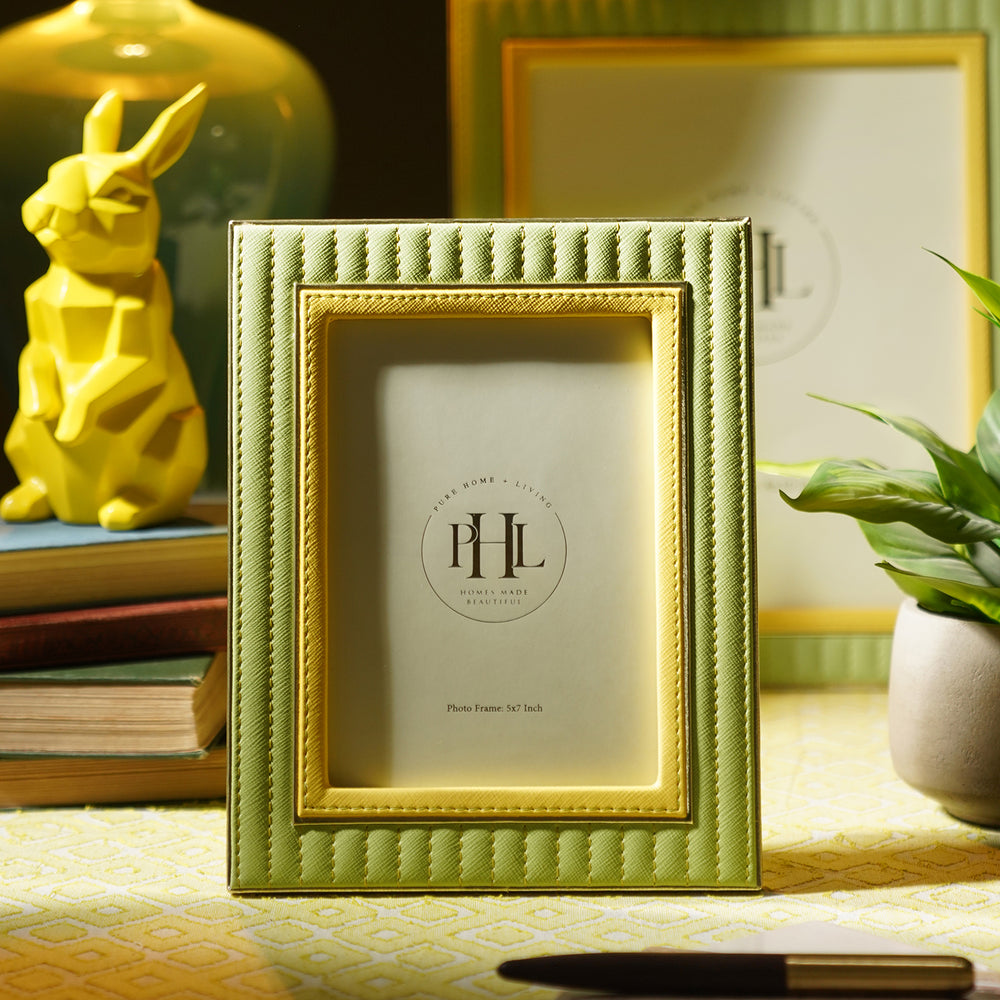 Green & Yellow Stitched Faux Leather Photo Frame - Medium