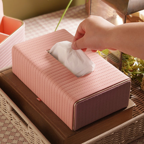 Pink & Purple Stitched Faux Leather Tissue Box