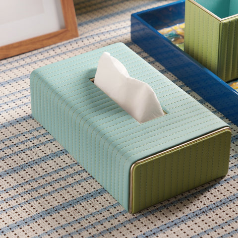 Blue & Green Stitched Faux Leather Tissue Box