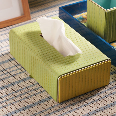 Green & Yellow Stitched Faux Leather Tissue Box
