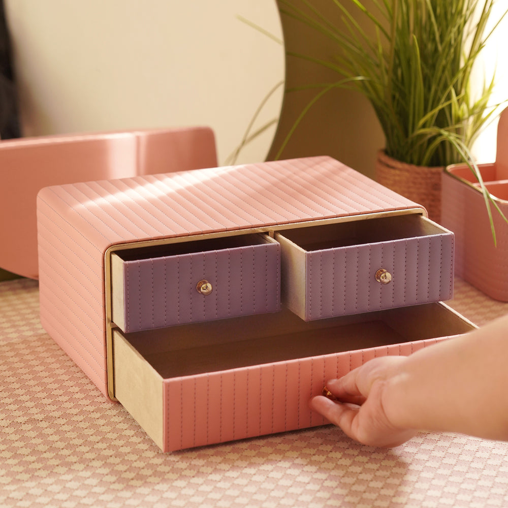 Pink & Purple Stitched Faux Leather Drawer Organizer
