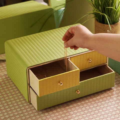 Green & Yellow Stitched Faux Leather Drawer Organizer