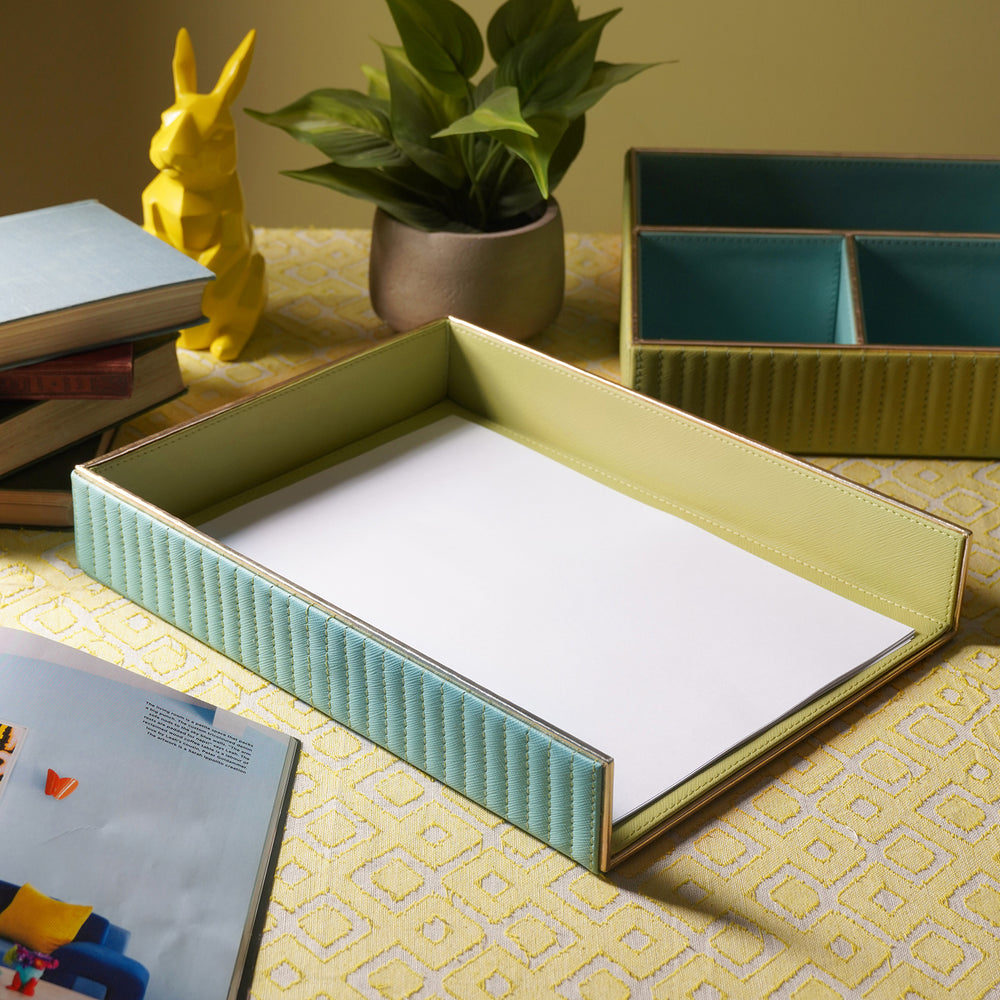 Blue & Green Stitched Faux Leather Paper Tray
