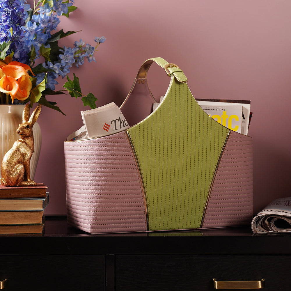 Purple & Green Stitched Faux Leather Magazine Basket