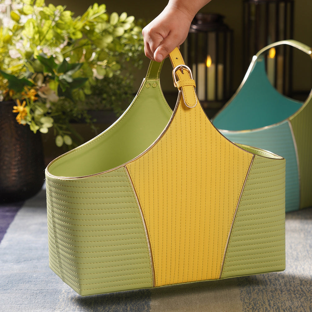 Green & Yellow Stitched Faux Leather Magazine Basket