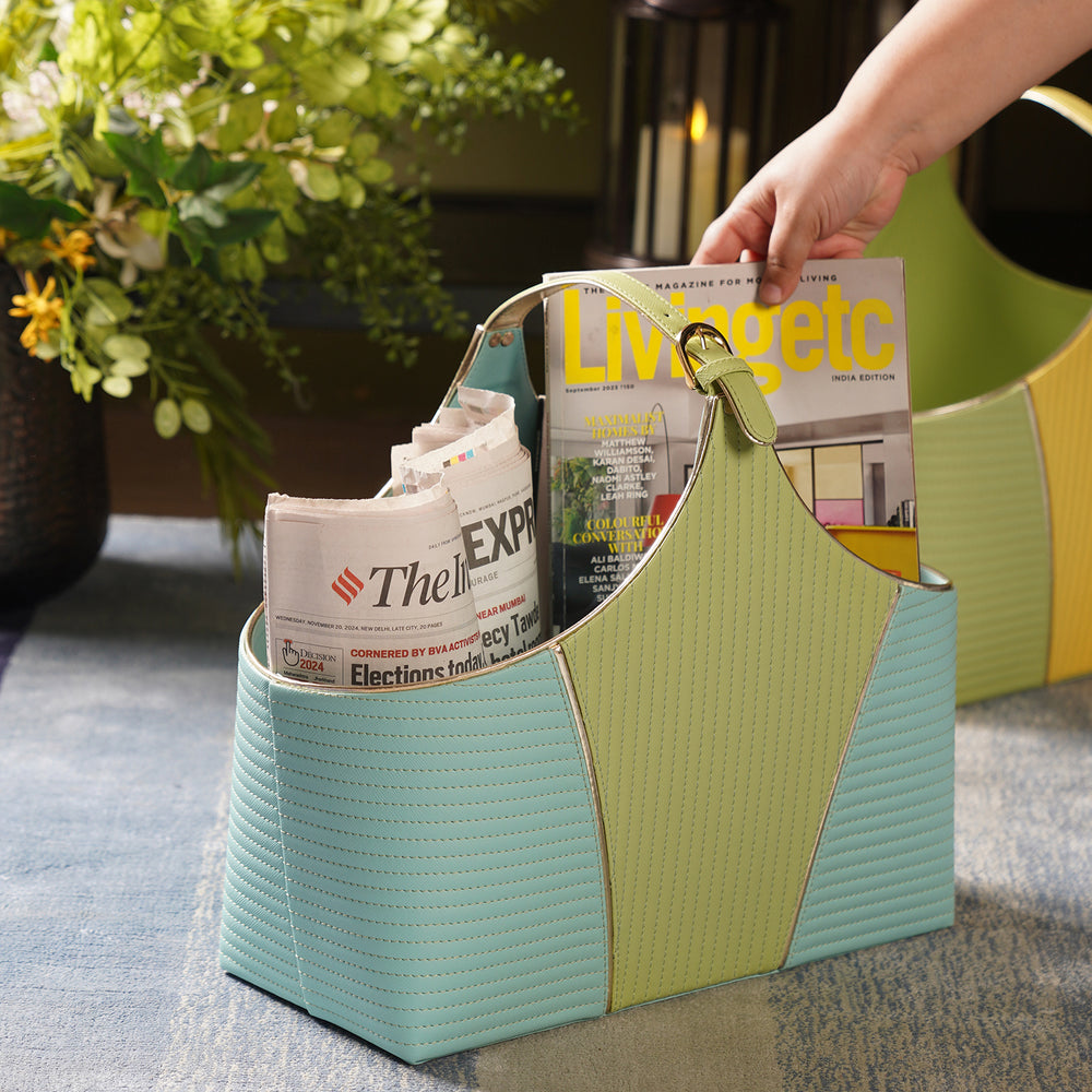 Blue & Green Stitched Faux Leather Magazine Basket