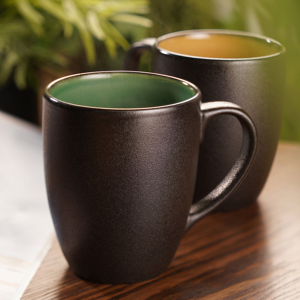 Set of 2 Black & Green Ceramic Coffee Mugs