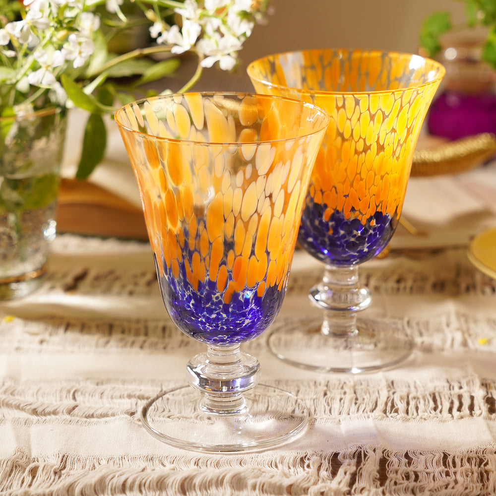Set of 2 Orange & Blue Speckled Wine Glasses