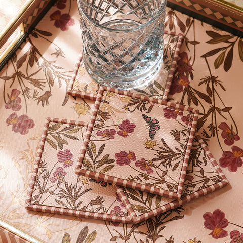 Set of 4 Pink Printed Faux Leather Square Coasters