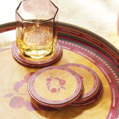 Set of 4 Yellow Printed Faux Leather Round Coasters