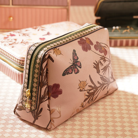 Pink Printed Faux Leather Vanity Pouch - Large