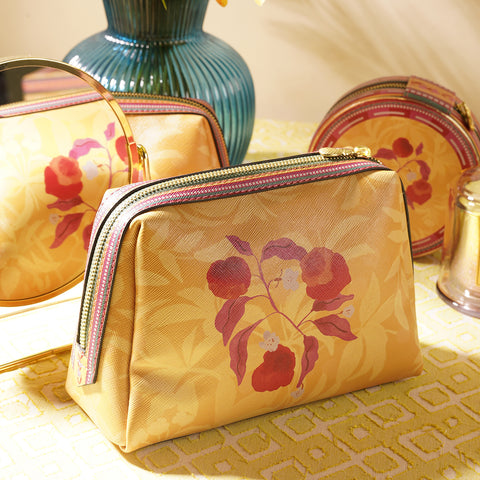 Yellow Printed Faux Leather Vanity Pouch - Large