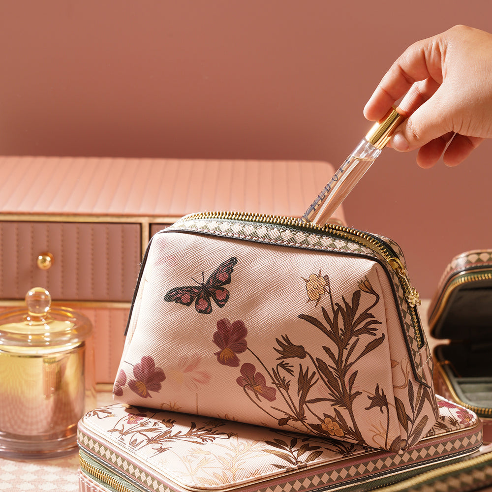 Pink Printed Faux Leather Vanity Pouch - Small
